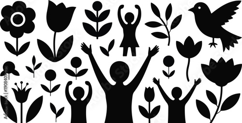 A black and white illustration with a folk art style featuring silhouetted figures and nature elements arranged in a pattern