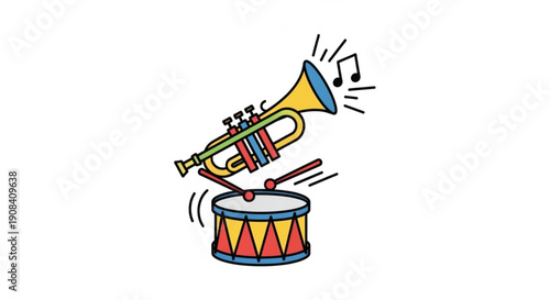 Colorful trumpet and drum illustration with music notes symbolizing fun and lively music making
