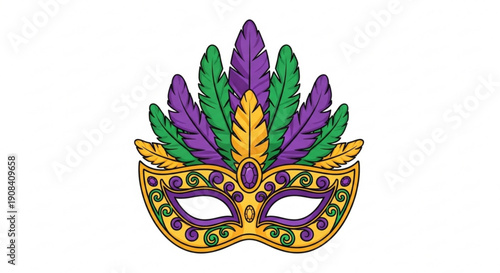 Vibrant mardi gras mask with purple green and gold feathers and jewels on a white background festive carnival decoration