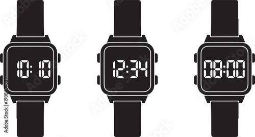 Black digital watches with white showing different times black watches white time clock watch faces