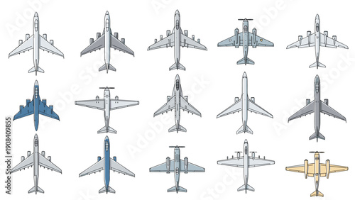 Set of fifteen diverse airplane icons displayed in a top-down view representing various commercial and private aircraft.