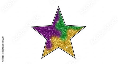 Glittery mardi gras star symbol with purple green and gold colors on white background
