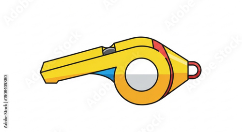Yellow referee whistle with red and blue accents on white background sports official signaling tool