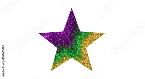 Vibrant mardi gras star with purple green and gold glittery texture on white background for festive celebrations
