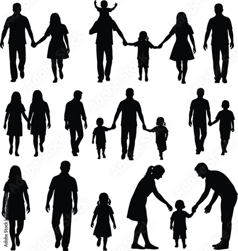 Family silhouettes, father carrying child, mother and daughter