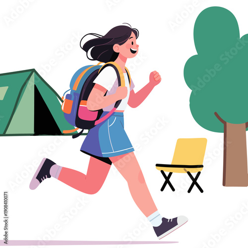 Cartoon illustration of a girl camping