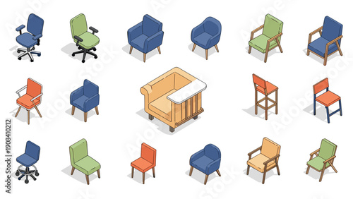 Collection of diverse chair and armchair designs including office chairs lounge chairs and stools in different colors.