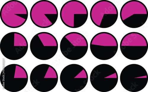 Grid of 15 circular charts showing various percentages with magenta and black fills on white
