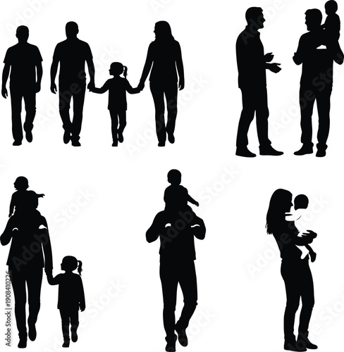 Family moments: parents with children on shoulders, holding baby, vector