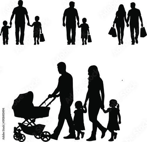 Family silhouettes, shopping, stroller, and walking couples, vector