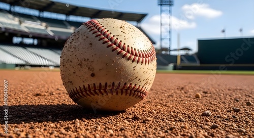 Professional Baseball Game: Close up of dirty leather baseball on clay infield dirt, stadium seats and light towers background, major league sports, athletic competition and summer hobby concept