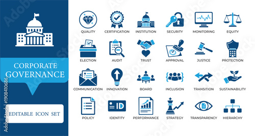 Corporate Governance and ESG Icons. Featuring policy, justice, transparency, and strategic board symbols. Editable vector for legal apps and corporate reports