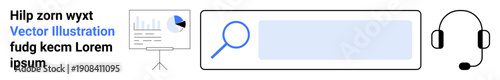 Online services, communication, customer support, market analysis, data visualization, user interface. Search bar, chart headset icons. Online services and communication concepts