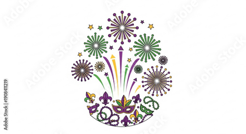 Vibrant fireworks display with purple green and yellow bursts on white background for celebrations