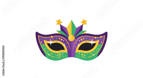 Vibrant mardi gras mask with purple green and gold decorations adorned with stars on a white background