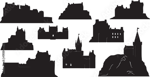 Collection of various castle silhouette illustrations on white background