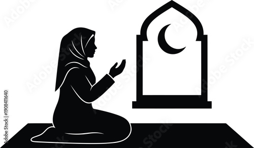 Muslim Woman Praying in Mosque Silhouette Islamic Spiritual Illustration