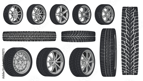Diverse collection of automotive tires and wheel rims displayed from multiple angles and perspectives for car maintenance.