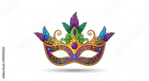 Vibrant mardi gras masquerade ball mask with colorful feathers and ornate designs on white background for carnival celebrations