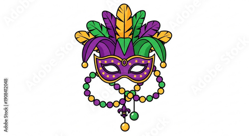 Mardi gras mask with colorful feathers and beads for carnival celebrations and parties