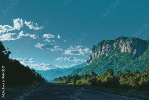 Wallpaper Mural Asphalt road square and green forest with mountain natural landscape under blue sky : Generative AI. Torontodigital.ca