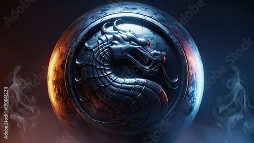 A close-up of a dragon emblem on a metallic sphere with smoke effects