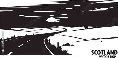 Scenic road landscape with winding highway through countryside of Scotland  serene travel scene