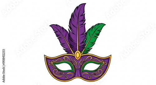 Vibrant purple masquerade mask with green feathers and gold accents on white background for mardi gras or carnival celebrations