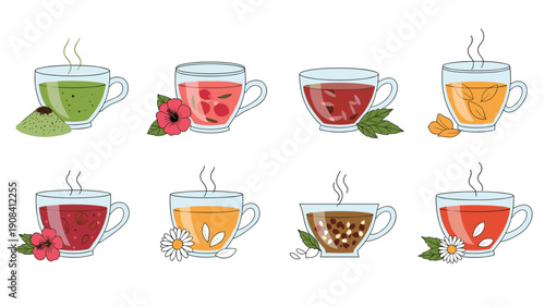 Collection of eight different cups of herbal and fruit teas featuring various ingredients like berries and flowers.