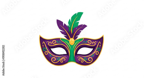 Vibrant purple mardi gras mask with colorful feathers and swirling gold designs on white background