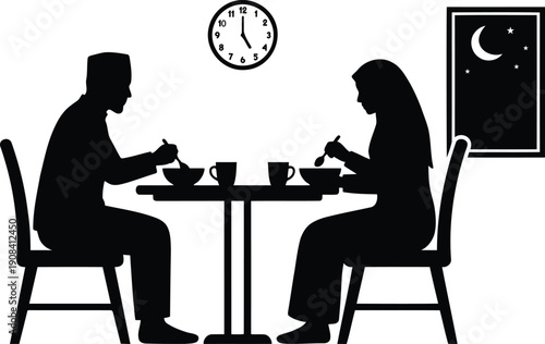 Muslim Couple Having Iftar Meal During Ramadan Silhouette Illustration