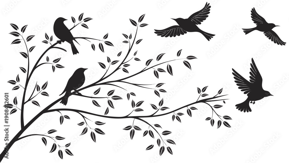 Fototapeta premium Gemini saidSet of floral design elements featuring black bird silhouettes and nature vectors with flying wings, tree branches, and delicate flower leaf patterns for wildlife art