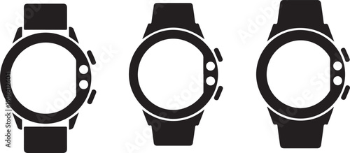 Black smartwatch silhouettes with white outlines and accents on white background smart watches