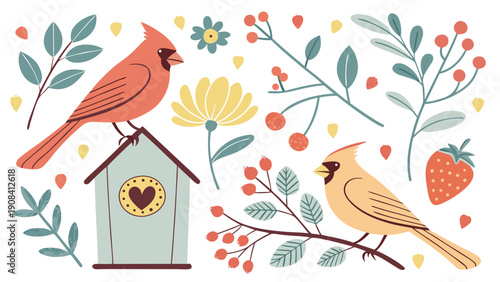 Gemini said

Cute cartoon vector illustration of love birds perched on a flowering tree branch with spring blossoms and green leaves in a nature pattern design