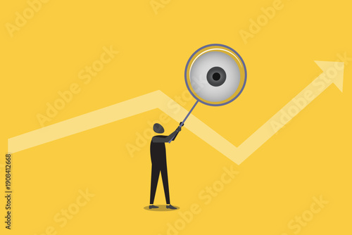 Magnifying glass in hand with eye inside. concept of search, trendy collage elements, investigating, detectives, looking for a solution, looking for an answer