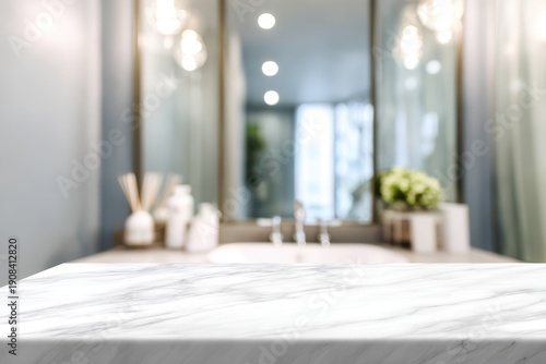 Wallpaper Mural Blurred bathroom background and Marble counter table top can be used mock up for montage products display or design layout. Torontodigital.ca