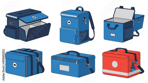 Collection of insulated cooler bags and food delivery boxes in various designs and sizes in vibrant blue and red colors.