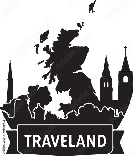 United Kingdom map with city landmarks and Traveland banner