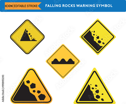 Set of various warning symbols including falling rocks and bumpy road road signs
