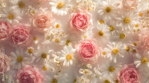 Soft Focus Pink Roses and White Daisies Floral Background.