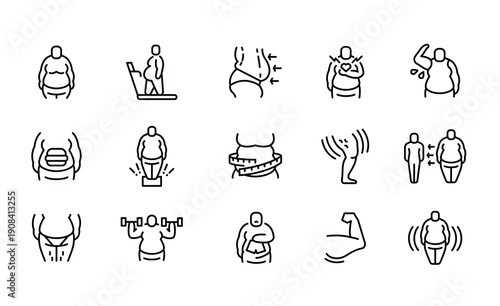 Body Weight Icon Set: A comprehensive collection of line icons depicting various aspects of weight management and body shape.
