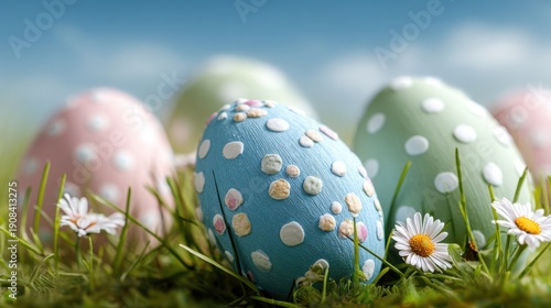 Wallpaper Mural Close-up of decorative Easter eggs with pastel polka dots and floral patterns in green grass. Egg with clear blue sky background, perfect for spring holiday designs. Torontodigital.ca