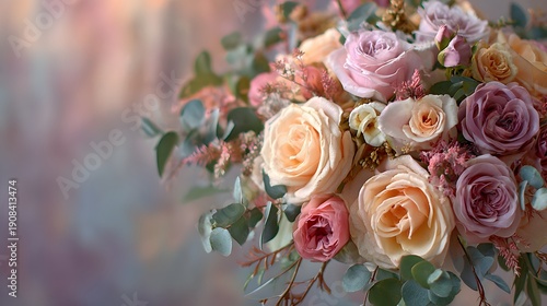 Beautiful Arrangement of Soft Pastel Roses and Eucalyptus Leaves.