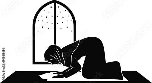 Muslim Woman Performing Sujood Prayer in Mosque Silhouette Illustration