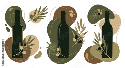 Extra Virgin Olive Oil Bottle Set with Olive Branch Sprigs, Mediterranean Culinary Icons for Artisanal Food Label Design