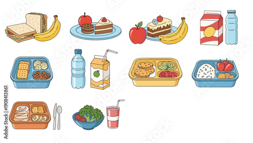 Assortment of healthy school lunch box ideas featuring sandwiches fresh fruits vegetables snacks and various types of drinks.