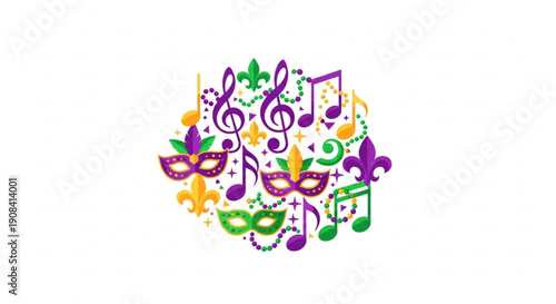 Mardi gras masks and musical notes in purple green and gold on white background for festive party decoration