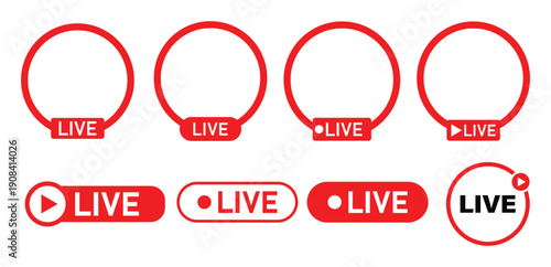 A set of red and white graphic icons commonly used for live video streaming and broadcasting across various online platforms.