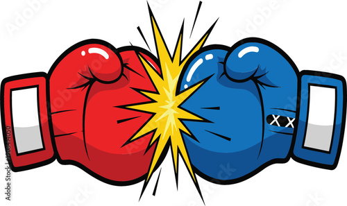 Red and Blue Boxing Gloves Collision Vector Illustration Symbolizing Fight Competition Versus Concept Sports Battle Energy Isolated on White Background