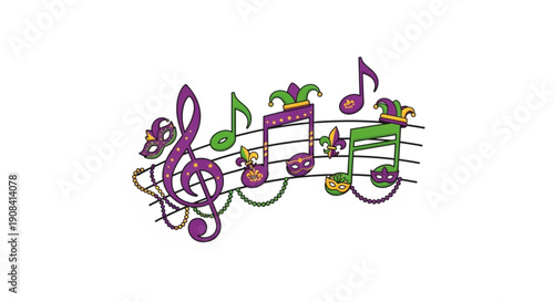 Colorful mardi gras music notes with festive masks on staff lines purple green and gold